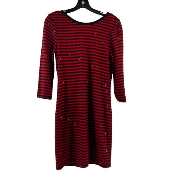 Express Women's Long Sleeve Black Red Striped Knit Sequin Sweater Dress Size M - Picture 1 of 15